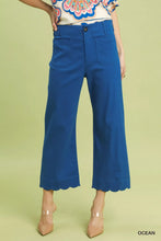 Bold cobalt blue umgee scallop hem wide-leg pants with front pockets and scallop hem detail