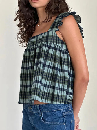 Ruffled Plaid Square Neck Tank French Blue