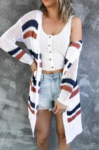 Contrast Openwork Open Front Long Sleeve Cardigan White