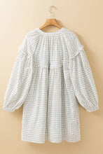 Frill Plaid Notched Balloon Sleeve Mini Dress