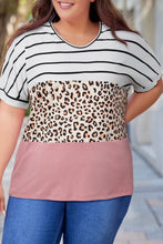 Plus Size Striped Leopard Round Neck Half Sleeve T-Shirt Blush Pink