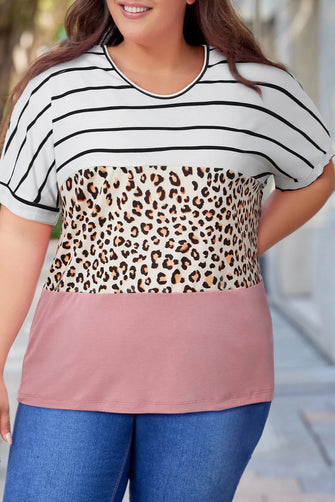 Plus Size Striped Leopard Round Neck Half Sleeve T-Shirt Blush Pink
