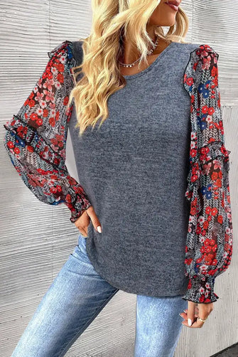 Heathered Floral Frill Lantern Sleeve Blouse Dark Gray Woman Blouses
