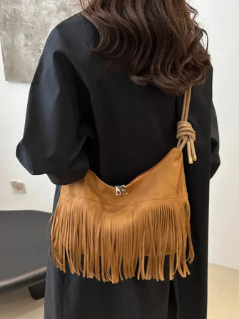 Fringe Knotted Strap Shoulder Bag Caramel One Size Shoulder Bags