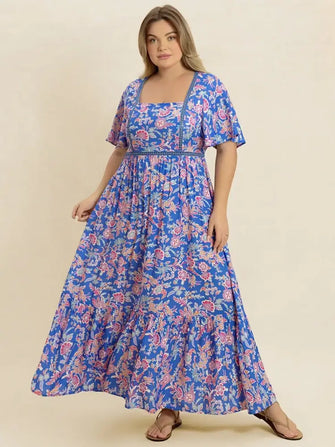 Plus Size Ruched Printed Short Sleeve Dress Blue Purple Casual Dresses