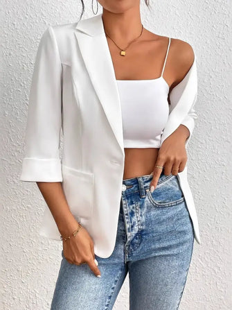 Classic Lapel Collar One Button Blazer White Woman Outerwear