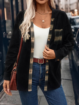 Pocketed Plaid Button Down Hooded Shacket Black