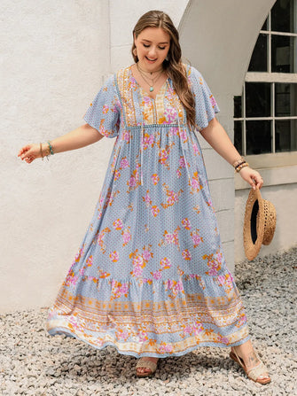 Plus Size Printed Tie Neck Flutter Sleeve Maxi Dress Pink Purple