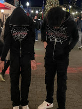 Men's Spider Web Rhinestones Zip-Up Hoodie Black