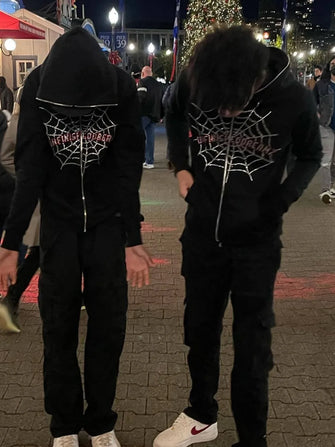 Men's Spider Web Rhinestones Zip-Up Hoodie Black