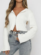 Ribbed Zip-Up Cropped Cardigan White