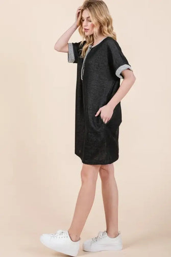 Casual Contrast Trim Henley Dress BLACK Casual Dresses