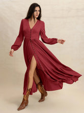 V-Neck Balloon Sleeve Ruffled Hem Maxi Dress Burgundy