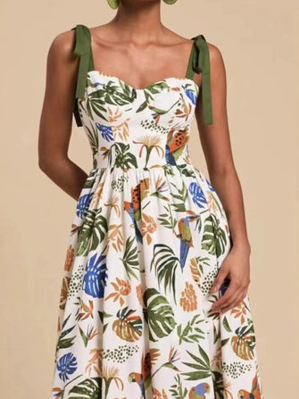 Tropical Print Tie-Shoulder Sweetheart Neck Midi Dress Green