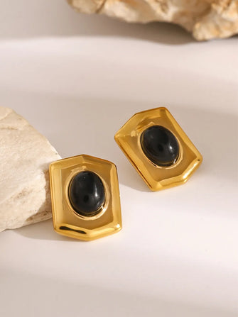 18K Gold-Plated Stainless Steel Agate Earrings Black One Size