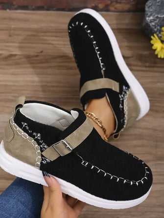 Contrast Round Toe Buckle Sneakers Black Woman Sneakers