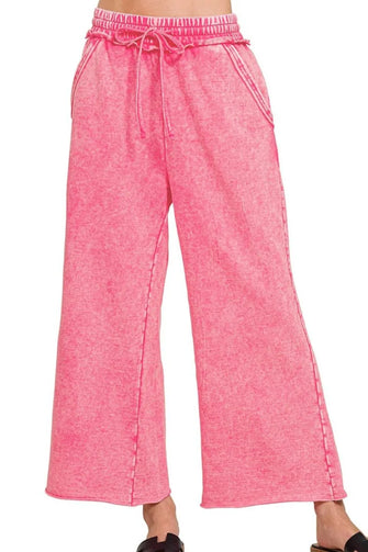 Zenana Washed French Terry Palazzo With Pockets FUCHSIA