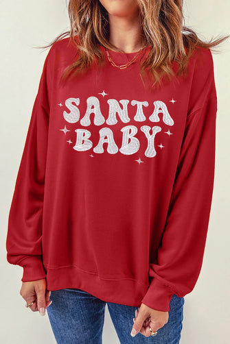 SANTA BABY Round Neck Long Sleeve Sweatshirt Deep Red Woman Sweatshirts