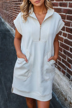 Textured Half Zip Collared Cap Sleeve Mini Dress White