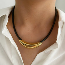 18K Gold-Plated Curved Tube Leather Rope Necklace Gold One Size