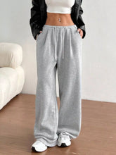 Gray soft fleece casual drawstring high waist wide leg sweatpants with relaxed fit and drawstring waist