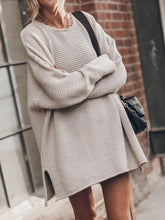 Openwork Round Neck Long Sleeve Slit Sweater Beige Sweater Pullovers