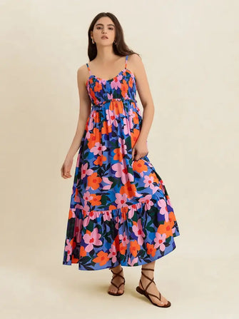 Smocked Back Ruffled Hem Printed Cami Dress Multicolor Casual Dresses