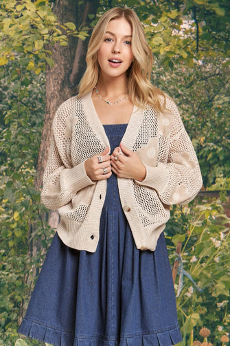 ADORA Full Size Lightweight Floral Sweater Cardigan Plus Size BEIGE