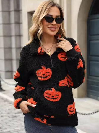 Jack-O'-Lantern Half Zip Long Sleeve Sweatshirt Black
