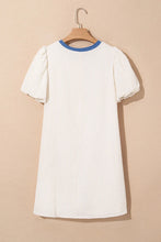 Stripe Seersucker Contrast Round Neck Puff Sleeve T Shirt Dress