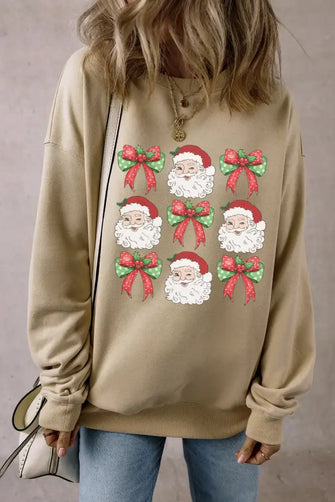Santa Graphic Round Neck Long Sleeve Sweatshirt Khaki Woman Sweatshirts