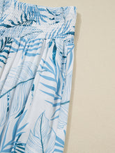 White and blue tropical print shirred waistband wide leg pants with smocked waistband for casual wear