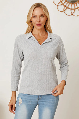 Collared Neck Dropped Shoulder T-Shirt Gray