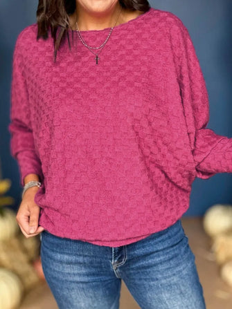 Checkered Round Neck Batwing Sleeve T-Shirt Hot Pink