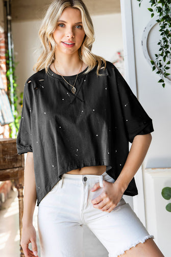 Distressed Asymmetric Hem Cropped Tee Shirt Black