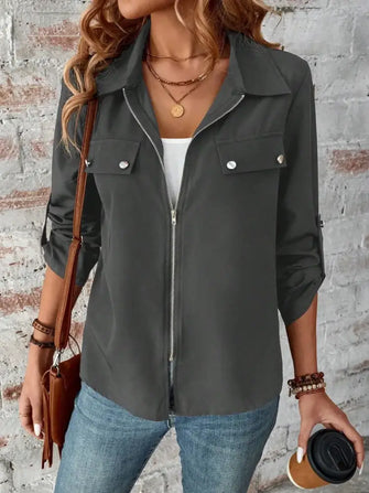 Zip Up Collared Neck Roll-Tab Sleeve Jacket Dark Gray Casual Dresses