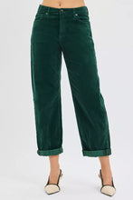 Emerald green RISEN high rise crop barrel corduroy pants with rolled cuffs and a tailored fit for stylish wear