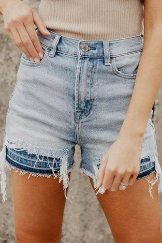 High Waist Raw Hem Denim Shorts Light Denim Shorts