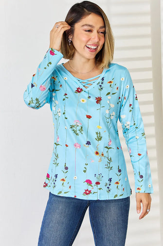 Crisscross Printed Long Sleeve T-Shirt Light Blue