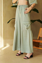Davi & Dani Drawstring Ruched Detail Wide Leg Pants Sage