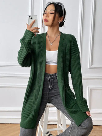 Open Front Long Sleeve Cardigan Black Forest One Size Woman Outerwear