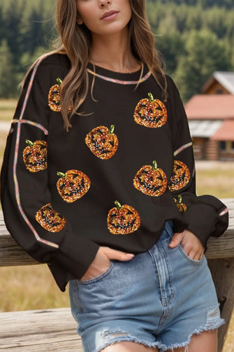 Sequin Pumpkin Round Neck Long Sleeve Sweatshirt Black Woman Sweatshirts