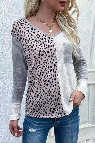 Color Block V-Neck Ribbed Top with Pocket Charcoal Woman Blouses