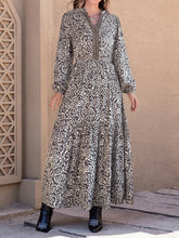 Printed Notched Long Sleeve Maxi Dress Black