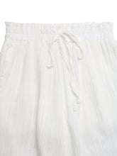 White lightweight cotton lace trim wide leg pants with gathered waistband and matching drawstring
