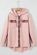 Waffle Knit Plaid Patchwork Drawstring Hooded Shacket