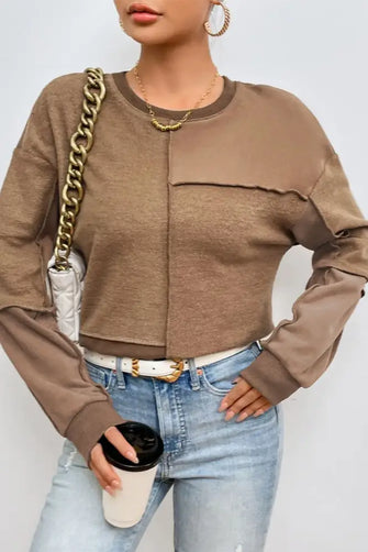 Exposed Seam Round Neck Long Sleeve Sweatshirt Mocha Woman Sweatshirts