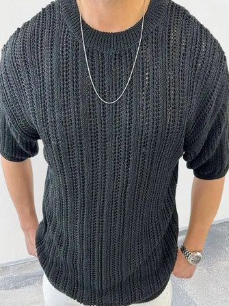 Men's Openwork Round Neck Knit T-Shirt Black