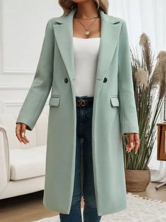 Devine Pocketed Collared Neck Long Sleeve Coat Sage Woman Outerwear
