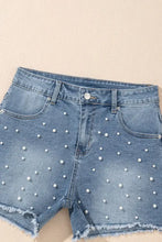 Pearl Beaded Raw Hem Wash Denim Shorts Denim Shorts